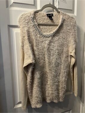 Cream Fuzzy Crewneck Sweater with Beaded Trim